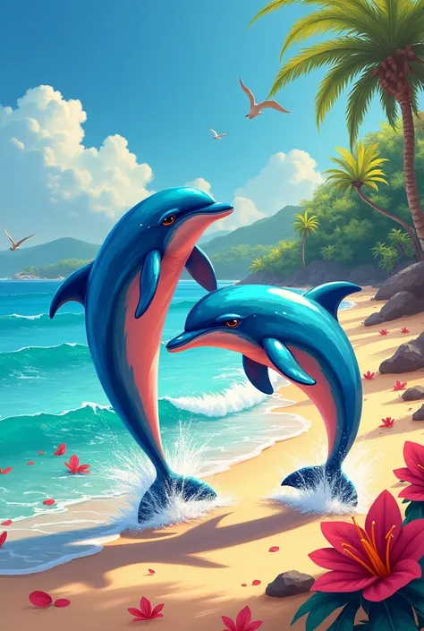 Create two colorful dolphins on a colorful beach