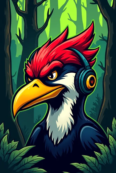 A cartoon illustration of a woodpeckers face, with an aggressive visual, using headphones, to be used as a vest patch for a forestry engineering athletic team. The feathers on the woodpecker&#39;s head should be red and black., and the long yellow beak. Pl...