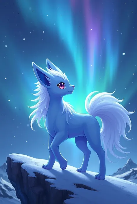 a fakemon similar to suicune, its name is aurora suicune looking at the aurora borealis in the sky, anime version.