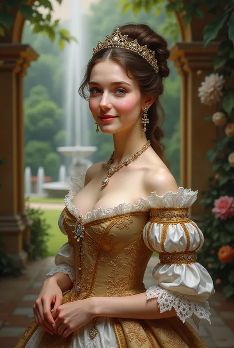 French queen beautiful Marie-Antoinette smiling in Versaille gardens, rococo style