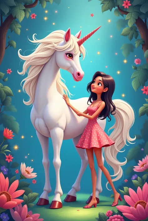 Create me an image to draw, difficult, unicorn next to a woman, picture to paint, style cartoon