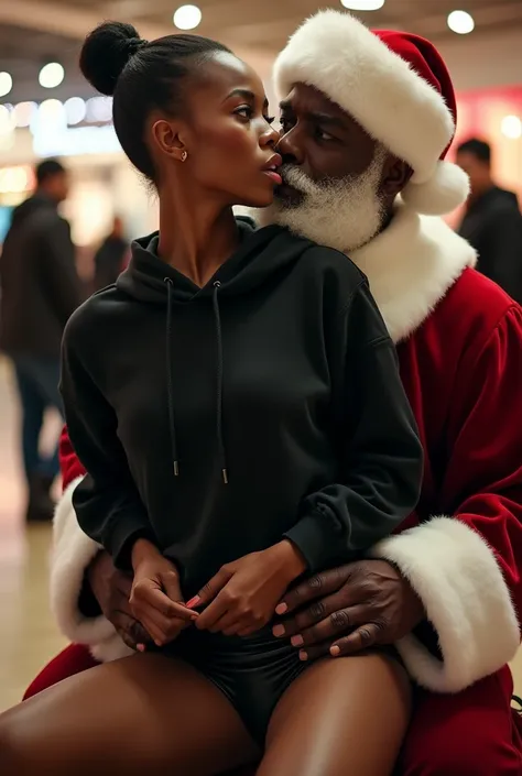 black woman hair in a bun black hoodie black leather short shorts butt cheeks showing excited and eyes wide open on her face setting in santa claus lap at the mall 8k santa has his hands around her waist and kissing her neck hands in her ass cheeks