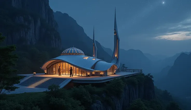 a tiny futuristic mosque with Minang architecture under the Harau Valley at night from a distant top view