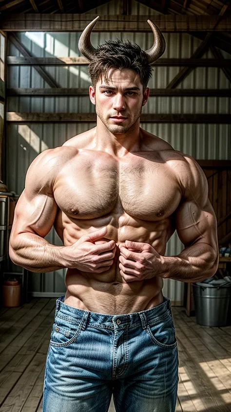 A hyper-realistic digital picture of a muscular man with a strong build, standing in a rustic barn. (He has humanoid bull features, including horns and animal ears, blending human and animal characteristics in a stylized, fantasy art style, extra large che...