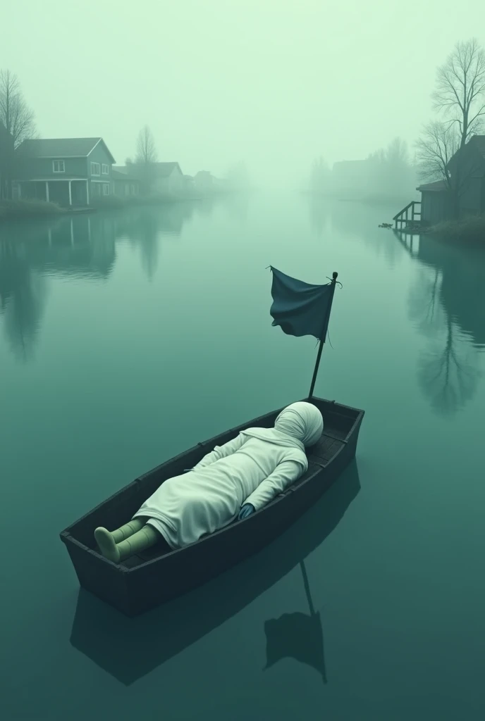 A flooded village where everything is submerged. The water everywhere seems like the sea. A body wrapped in a white cloth is floating on a boat in the middle of that water. And there is a flag on that boat