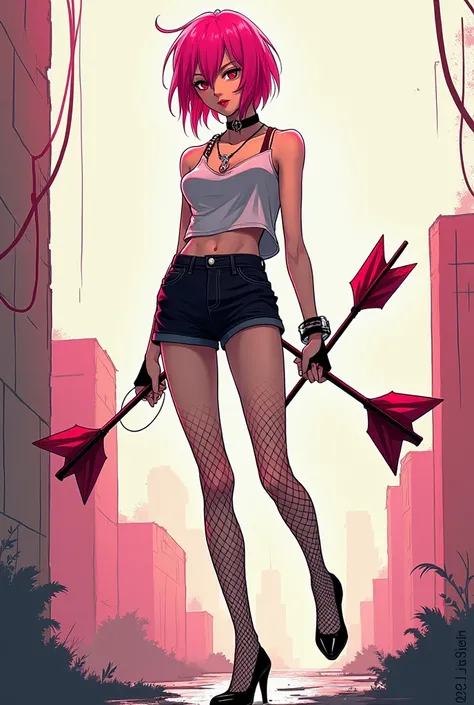 You can make a comic-like image of a boy with pink hair, who is wearing short shorts and a sleeveless shirt, also some fishnet tights and heels, that is thin, attractive and has a Japanese feel, that he carries some arrows in his hands