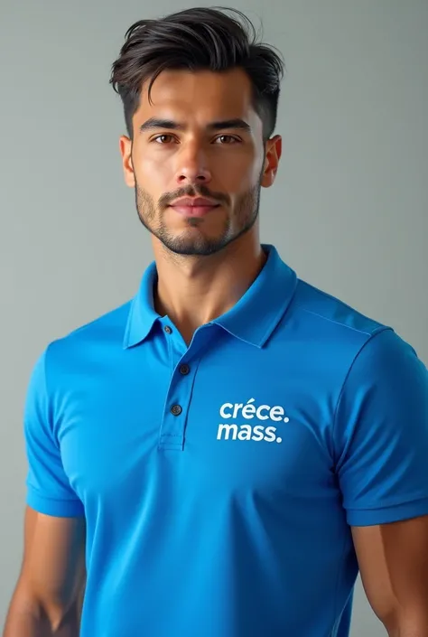  Create a realistic young Latino with a polo shirt collar in total electric blue. besides, The polo shirt must have the phrase " CRECE MASS" printed on the chest . no beard .
