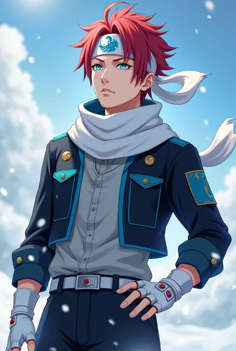 apenas 1 homem, extremely handsome and attractive man, with a touch of realism in the image, red hair with a hairstyle similar to that of the character Sasuke, but wearing a white bandana, with the symbol of a blue phoenix, very blue eyes, like heaven, mui...