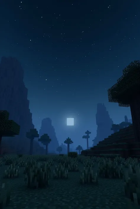 create a minecraft image at night on a plain with a jurassic appearance, just the environment in a dimension of 2560x1440