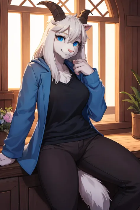 woman, alone, in a house, furry, Goat, anthropomorphic goat, Asriel, Undertale, medium breasts, big ass, medium wide hips, perfect body, tall, long hair, blue eyes, anthro face, cartoon, smile, blue coat, black t-shirt, brown pants, goat tail, looking at t...