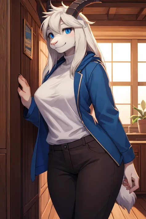 woman, alone, in a house, furry, Goat, anthropomorphic goat, Asriel, Undertale, medium breasts, big ass, medium wide hips, perfect body, tall, long hair, blue eyes, anthro face, cartoon, smile, blue coat, black t-shirt, brown pants, goat tail, looking at t...