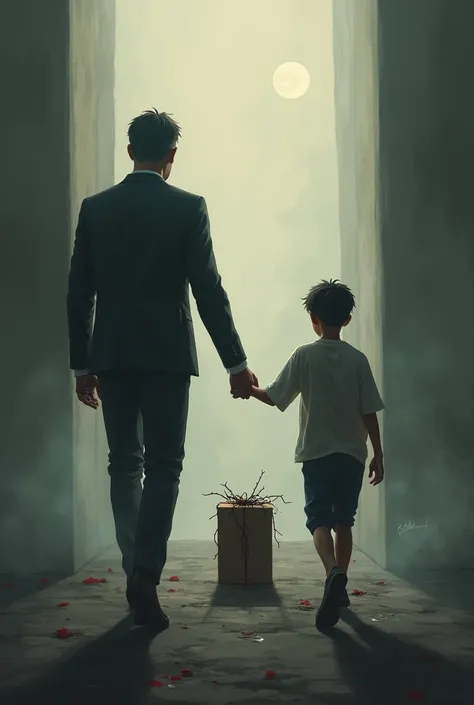 A father walks away with his back turned and with his departure leaves a gift in the hands of his son but the wrapping of the gift has thorns that hurt his hands and bleed