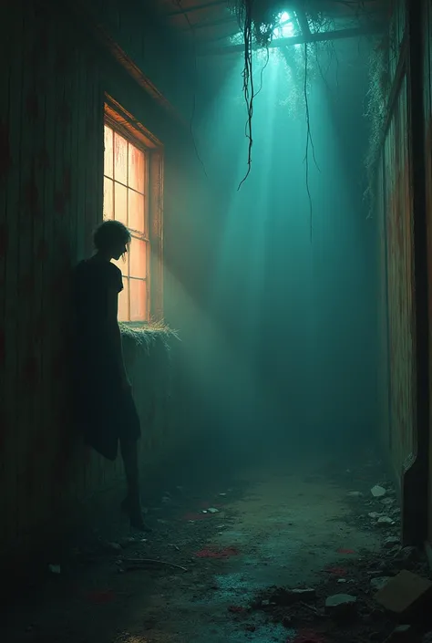 best quality, work of art, circus interior, a person looking out the window with sad expression.detailed texture of the image, grotesque, Horror, scary atmosphere (image not AI), misty, Cloudy weather, colorful lighting IN 16:9 FORMAT