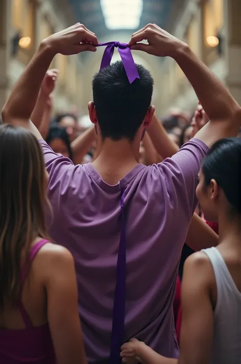 full of woman  in circle formation and in the middle is mans back they  all holding purple ribbon 

