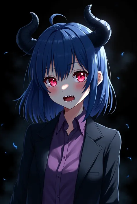 More mature anime style image. An image with a black background. a teenage girl, blue hair and red eyes, wore a purple blouse and a black overcoat. Black horns and sharp teeth protruded from his hair.. A human image, but still diabolical. A dark area aroun...