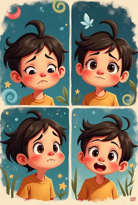 DISNEY STYLE DRAWING. A child four times, with different gestures such as: sad, angry, happy, laughing