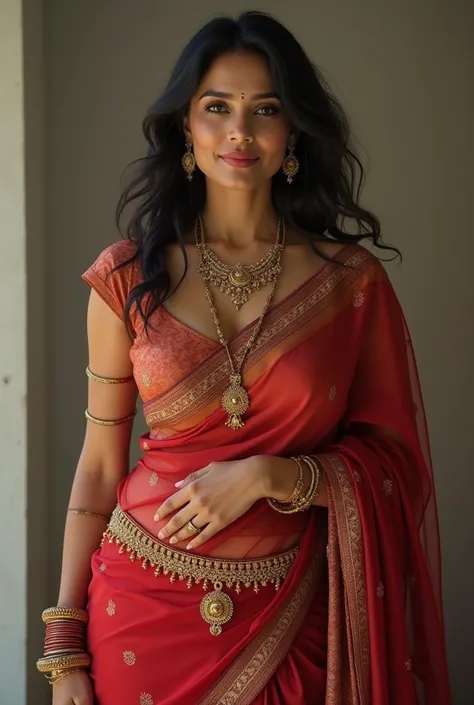 30 year old Indian milf in saree showing midriff, busty breasts, bangles and necklace, thin gold waist chain under the saress