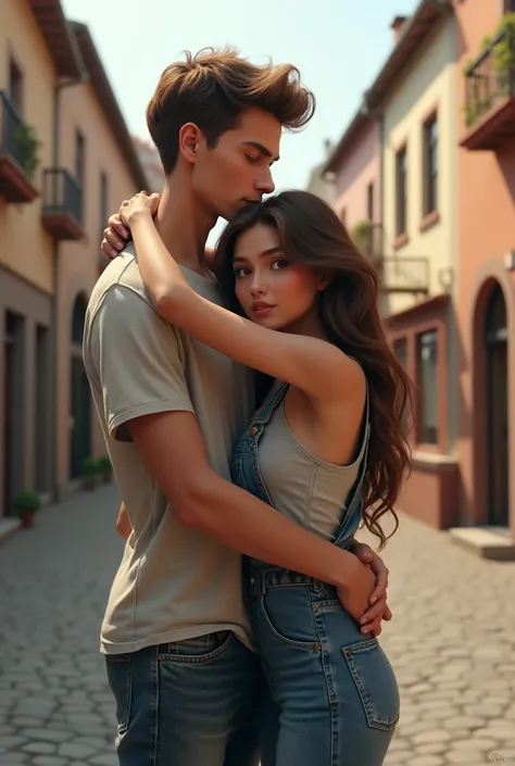 PICTURE REALISTIC, tall thin man, casual clothes, woman in denim overalls, long brown hair, hugging in a square.