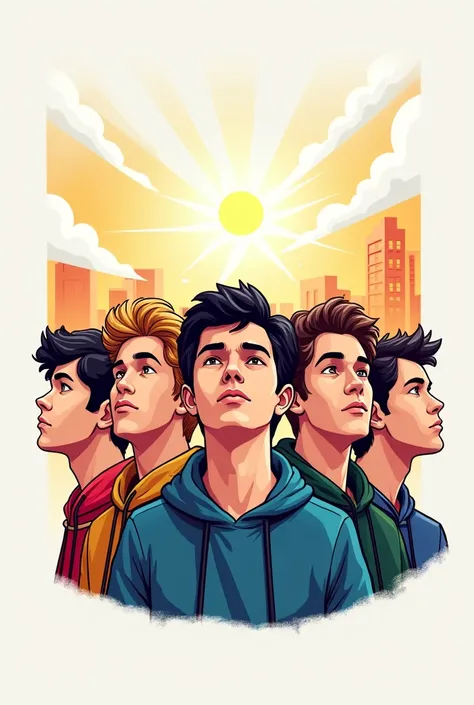 The image is the cover of an album by the band Los Bunkers titled "The blame". The picture shows five young men, probably members of the band, with their faces looking to the right, with a background of a city with a sun and clouds. The image conveys a fee...