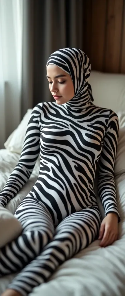 The most beautiful,thin,most pretty and clever Asian Malaysian muslimah adult girl wears zebra print lycra turtleneck unitard catsuit covered with many stripes.She always wear zebra print lycra dancewear stretchy square hijab covered with many stripes.She ...