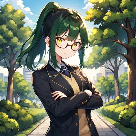 1girl, solo, long hair, looking at viewer, bangs, black hair, long sleeves, school uniform, jacket, yellow eyes, ponytail, outdoors, green hair, glasses, tree, crossed arms,MakizeninSDXL,AoT_OP_STYLE, ((medium quality)), ((medium quality))