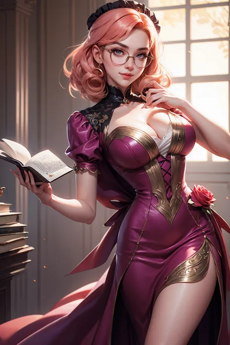 Anime girl tuxedo with curly rose gold hair and round gold glasses, rose gold eyes. Guviz style art, attractive detailed art style, Charlie Bowater Style, 1 cute anime girl, detailed manga style, detailed anime character art, germ of art. High detail, stun...