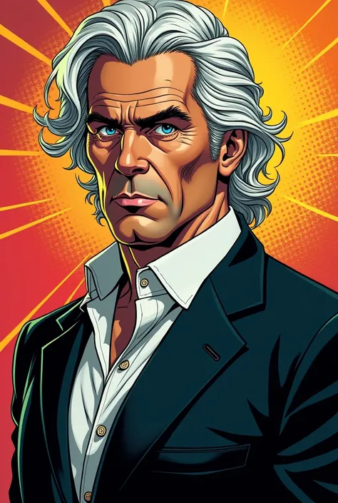 1 male, white hair, blue eyes, wearing a black suit and white shirt, comic