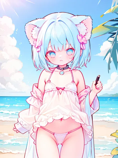 Young looking girl、under teen、Completely naked、She was wearing no clothes, underwear, or swimsuit.、Cute pose。 
Appearance、Raccoon ears on head、Layered bob hairstyle、Hair color is navy、Dark blue eyes、Collar with blue ribbon、A raccoon&#39;s tail coming out o...