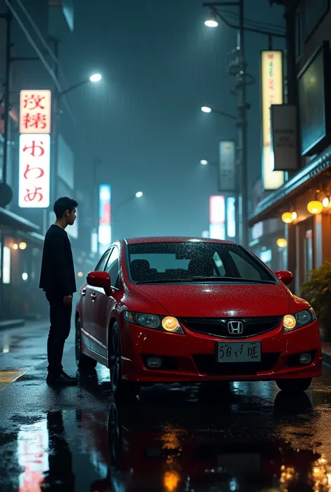 Um civic S.I red year 2008 comes a rainy night of Tokyo with man next to the car