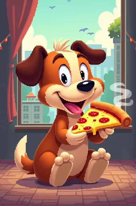 Dog with a pizza, Disney pixel style 9x12