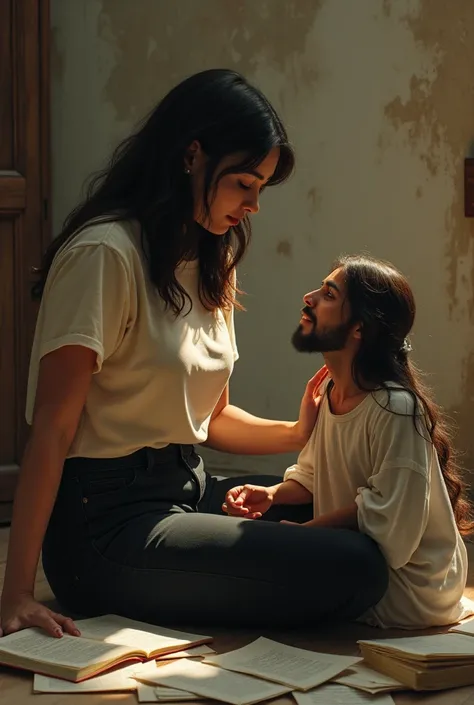 A young Brazilian woman in her 20s with medium, dark straight hair,Caucasian skin, gorda,wearing black twill pants and a t-shirt. She is sitting in front of several papers and Jesus is sitting next to her. 