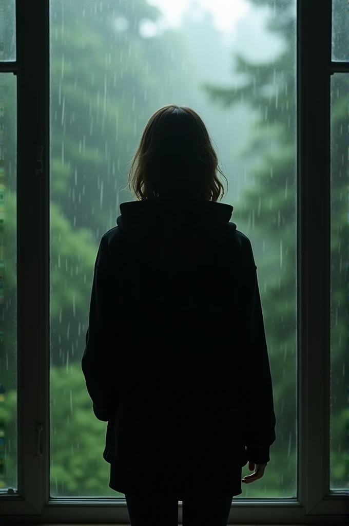 Make me a portrait image of a beautiful white girl wearing a black hoodie but she is standing up and we can only see behind her make it look like she’s looking outside her big long window at the rain the forest