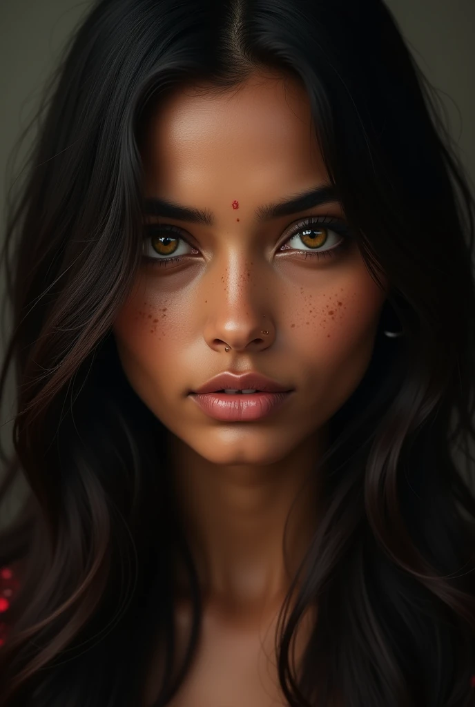 indian girl, diamond shaped face, dark skin brunette, straight and smooth hair hanging dark black color, light yellow eyes, splattered nose 
