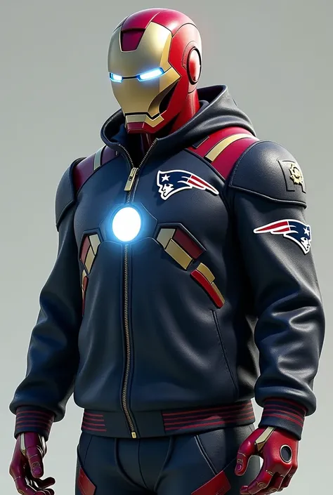 (photorealism:1.2), Full body Ironman with open front helmet, wearing New England Patriots jacket