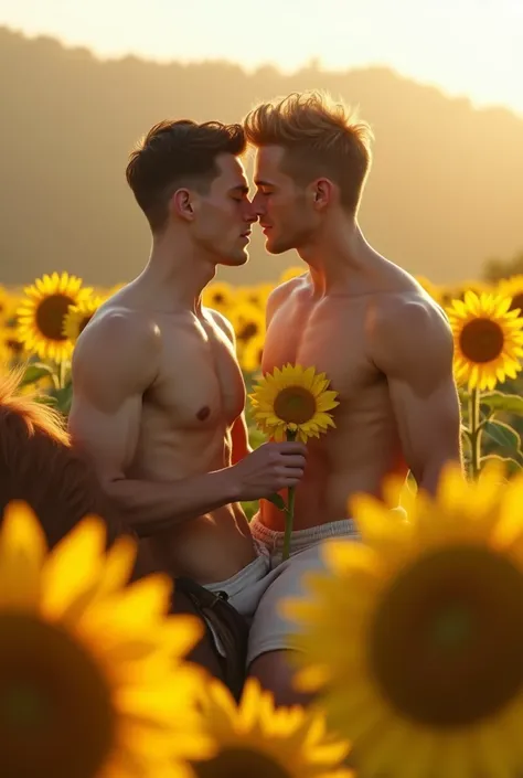 2 young gay men in love handsome beautiful white skin skinny soft skin cowboy with a sunflower in his hand in the sunflower field shirtless on top of a horse wanting to give a surprise by covering his eyes 