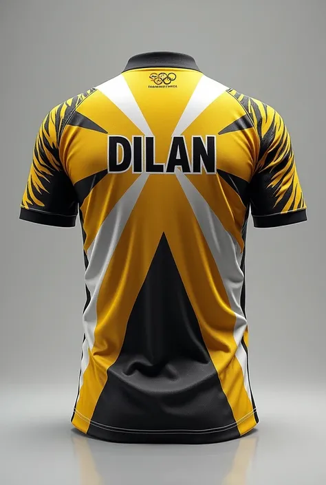 Shirt with gold and white rays for the Olympics with a name on the back that says Dilan, Thor theme

