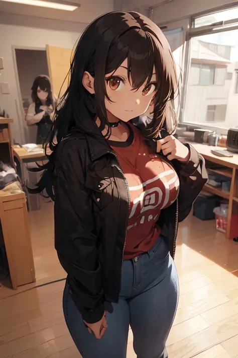 1 female, brown long messy anime hair, huge breast, thick legs, brown eyes, thick eyebrows, black jacket, red t-shirt, jeans, studio room, in the floor