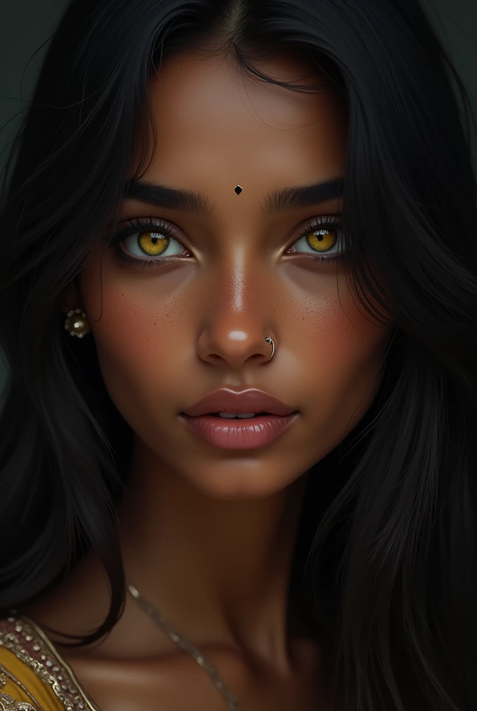 indian girl, diamond shaped face, dark skin brunette, straight and smooth hair hanging dark black color, light yellow eyes, splattered nose 
