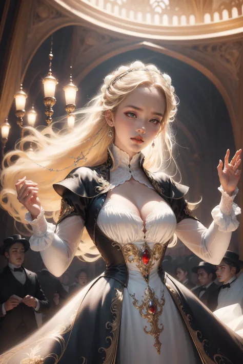 (Masterpiece - Ultra-detailed, very high resolution) Prepare to be enchanted by a true masterpiece that combines ultra-detailed art with high-resolution rendering. This work depicts a mesmerizing woman with very long blond hair (1.3) and captivating light ...