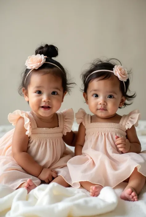 Perfect pretty face TWO years old baby girl and perfect cute face SIX months old baby girl with headband. Photoshoot. Same dress. Mixed race babies. 