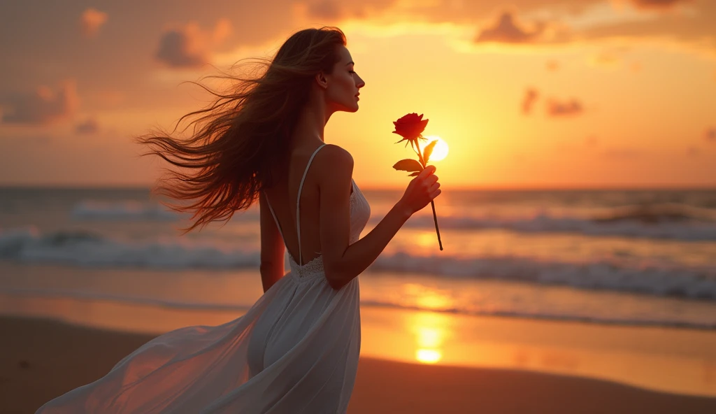 A beautiful woman, be on the beach, holding a rose, alone, full of sadness, facing the sunset, detail, best quality, rear camera shot, full body 