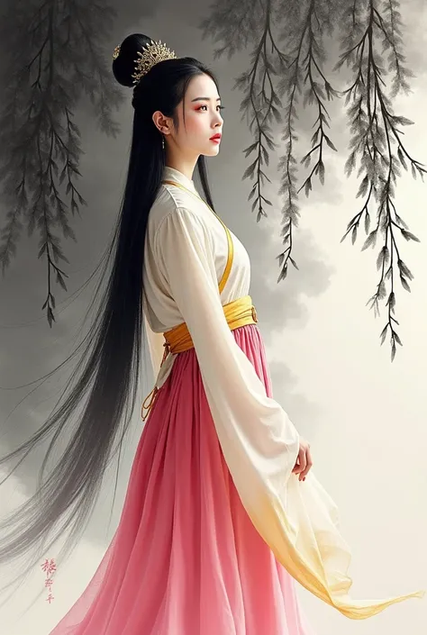 Traditional Chinese ink painting,Willow trees in the background,wu chang shuo,Black and white ink painting,Bokeh,mystery,night,Sky,cloud,
(masterpiece,Best quality:1.5),1 Queen, Long straight hair,Hanfu,Tang Suit,Pink pleated skirt,Yellow belt,