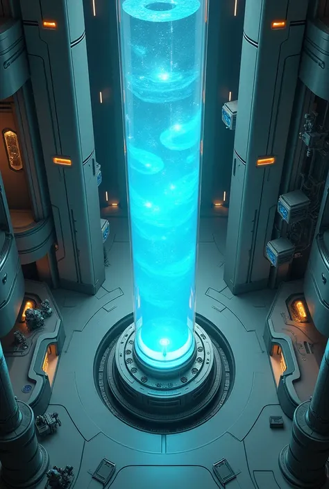 giant biogenetics tube filled with a light blue liquid seen from above as if it were an RPG table
