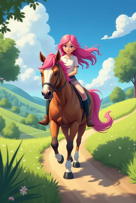 A girl with ping hair on a horse 