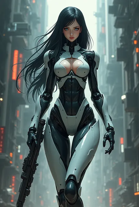 daughter, robotic goddess, half human, half-robot, pele humana realisitic, long hair, dark haired, attack pose,robotic parts, partially human appearance, strength, smart, realisitic, quality image, dystopian background l, Technological Fund, futuristic tec...