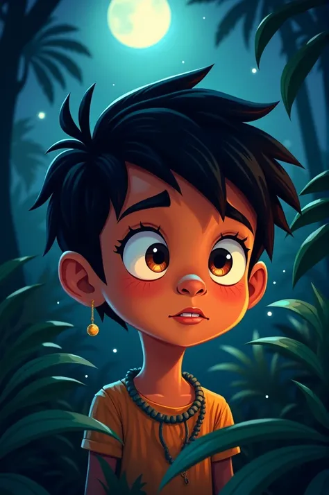 make an indigenous boy with a close up of his face at night hearing strange noises in cartoon style