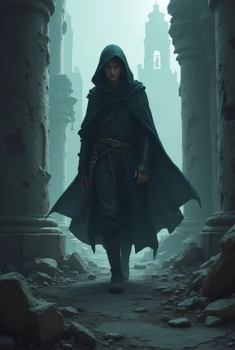 a lonely figure, wrapped in a cloak, emerges from the ruins.
The protagonist, a guardian of the citadel, walk among the ruins, with a worried expression. He is aware that the "shaking" is coming and you must prepare.
