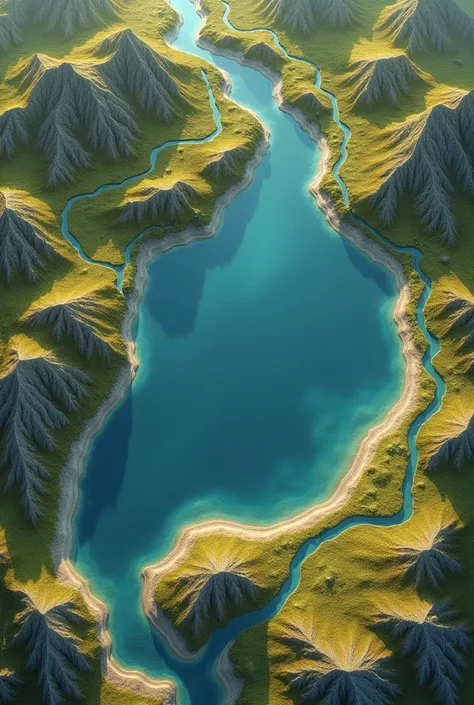 Create a map of a single country and do not add any words and add a lake and rivers