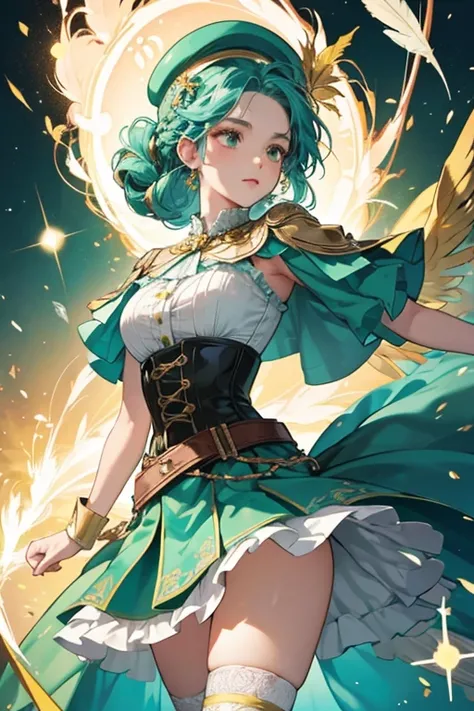 Her hair is braided on both sides, with the top half being black and the bottom being teal. she wears a frilly white top with a corset for the midsection, along with green shorts with gold embroidery, a matching green cape held together by a deep blue and ...