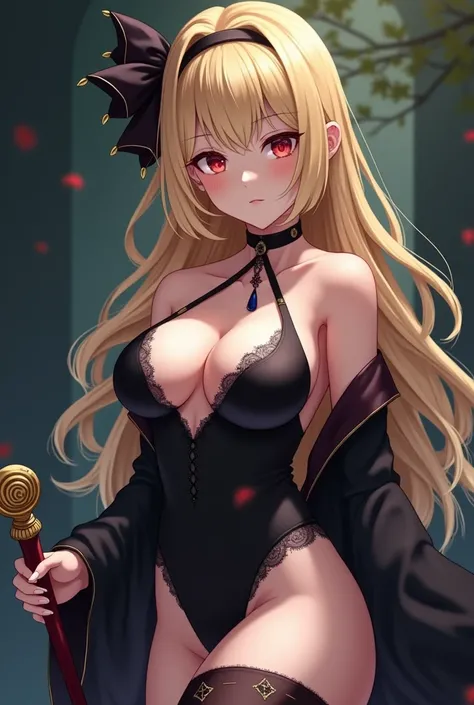 black magician girl、Super thick chest、very blonde hair、magic circle、8k, 4k, Of the highest quality, High resolution: 1.2),flicker、an exposed breast、cute anime face、pink blush on the cheeks.、noise removal、Leotard that bites、have a cane、Hold your cane (((She...